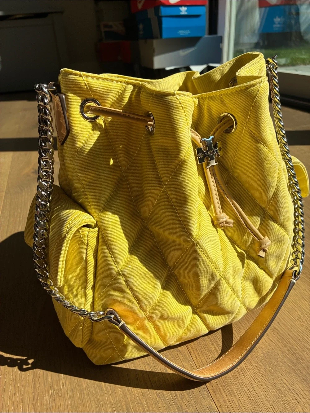 Tory Burch Charlie Yellow Quilted Denim Bag